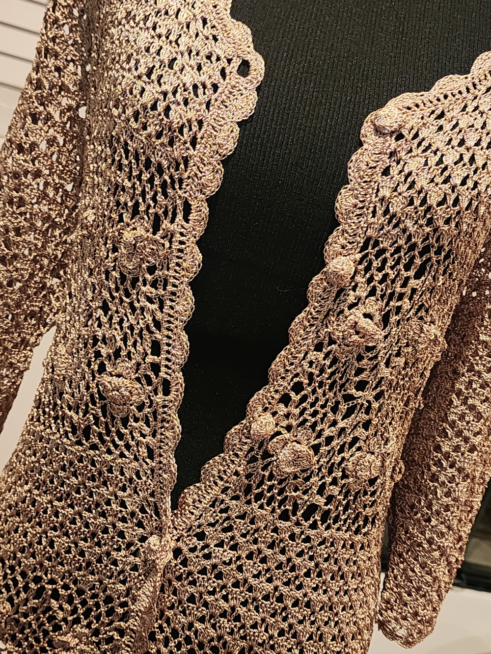 Metallic Rose Crochet Button-Front Cardigan